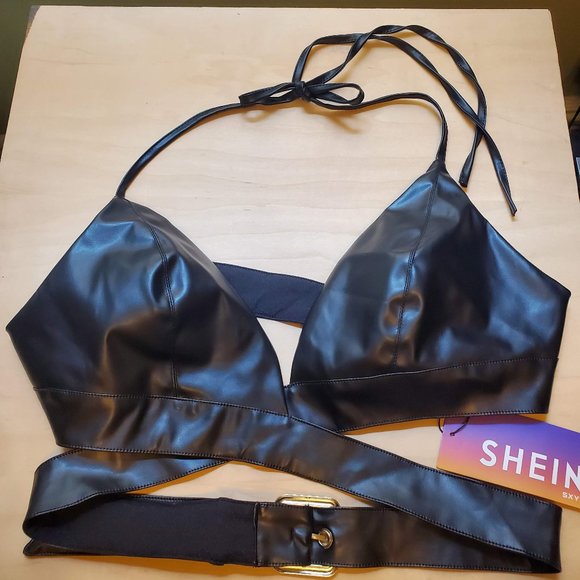 SOLD! - SHEIN SXY Crisscross Buckle Leather Look Halter Black Bra Crop Top - M 6 - Picture 2 of 9